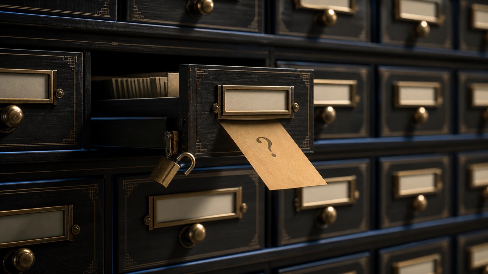 A meticulously labeled card-catalog cabinet in warm near-black; every brass-tabbed drawer is latched except one, whose small lock hangs open as a single amber question-mark slip drifts out through the gap, unchallenged — a structured filing system with one gate that cannot refuse.
