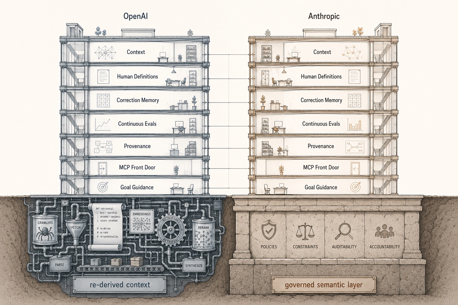Cutaway of two buildings, OpenAI and Anthropic, with seven identical labeled floors — Context, Human Definitions, Correction Memory, Continuous Evals, Provenance, MCP Front Door, Goal Guidance — joined by dotted lines. OpenAI's foundation is a basement of pipes and machinery labelled 're-derived context'; Anthropic's is a stone foundation labelled 'governed semantic layer' bearing policies, constraints, auditability, accountability.