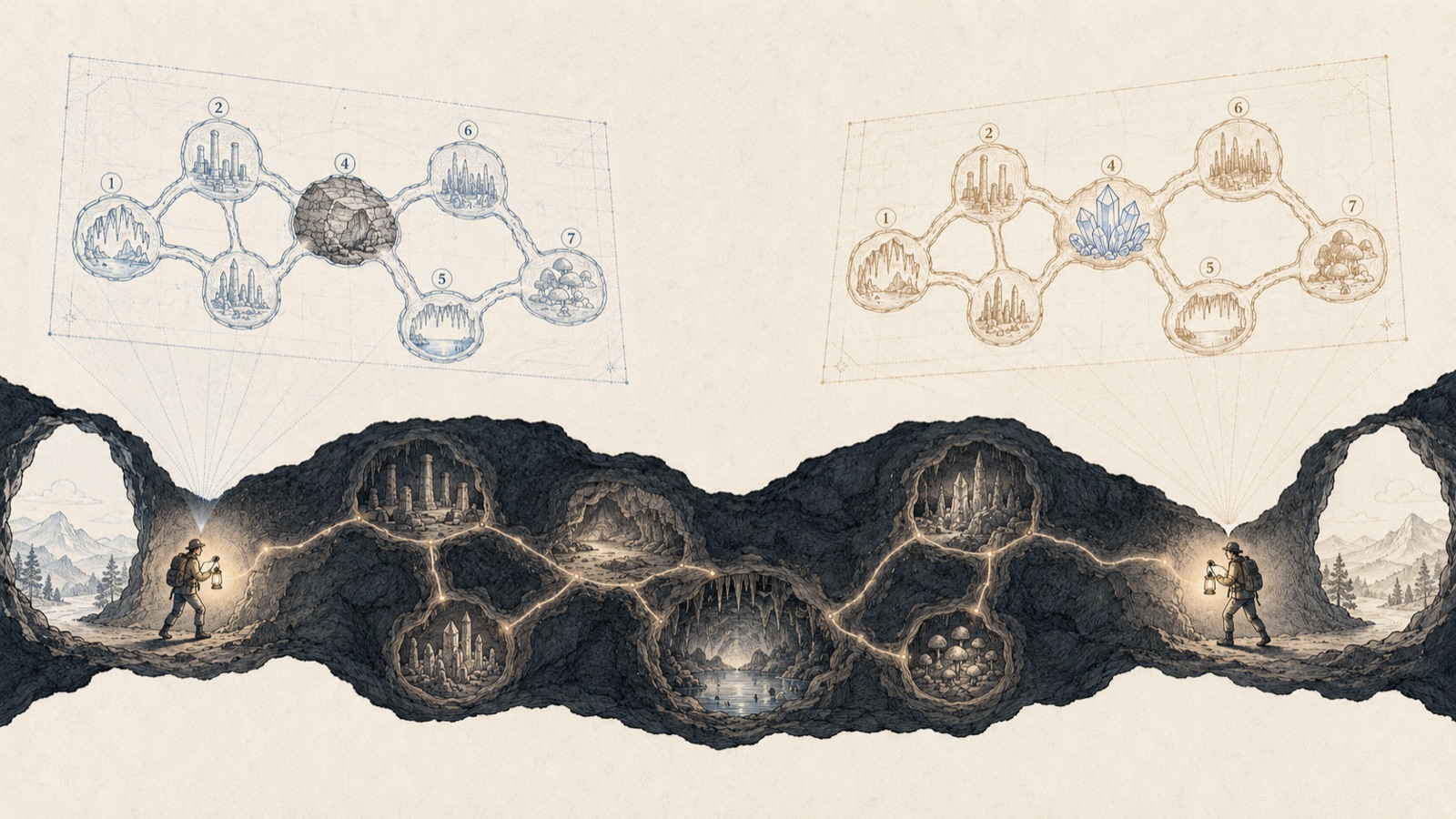 Two lantern-carrying explorers entering the same cave system from opposite sides; above them, two parchment maps trace the same seven-chamber network in different inks — a metaphor for OpenAI and Anthropic independently mapping the same data-agent architecture.