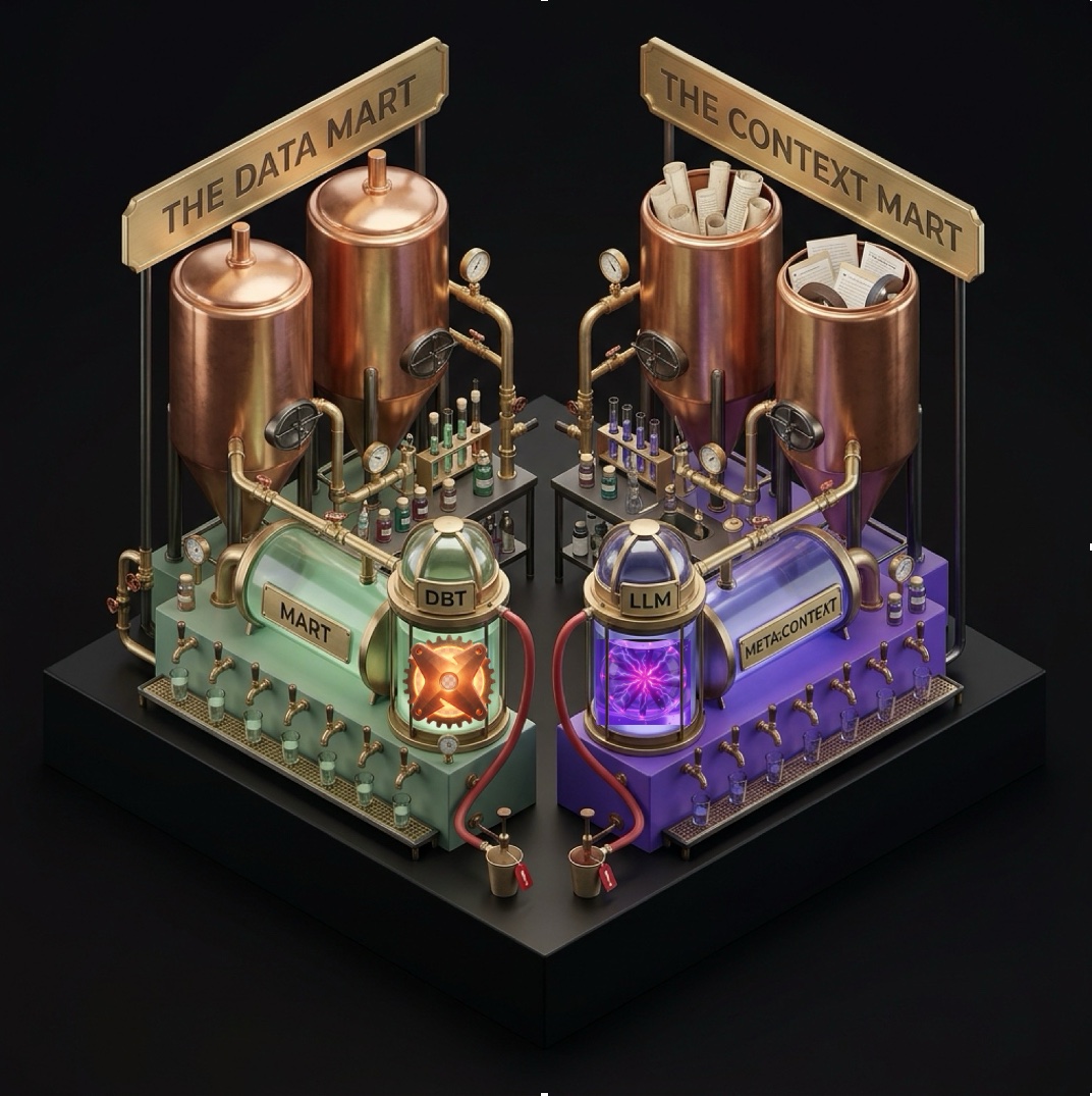 An isometric exhibit model of two structurally identical pipelines side by side, labelled THE DATA MART and THE CONTEXT MART. Each runs from tall copper source vats through a dbt or LLM transform unit into a glowing reservoir tank, then out to a row of self-serve taps filling glasses — build once, pour for everyone.