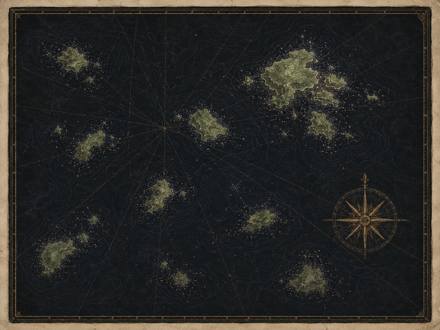 An antique nautical survey chart of a scattered archipelago: small sage-green island clusters on a near-black ocean, ringed by hairline depth soundings, with faint rhumb lines and an ochre compass rose — territory only just charted.