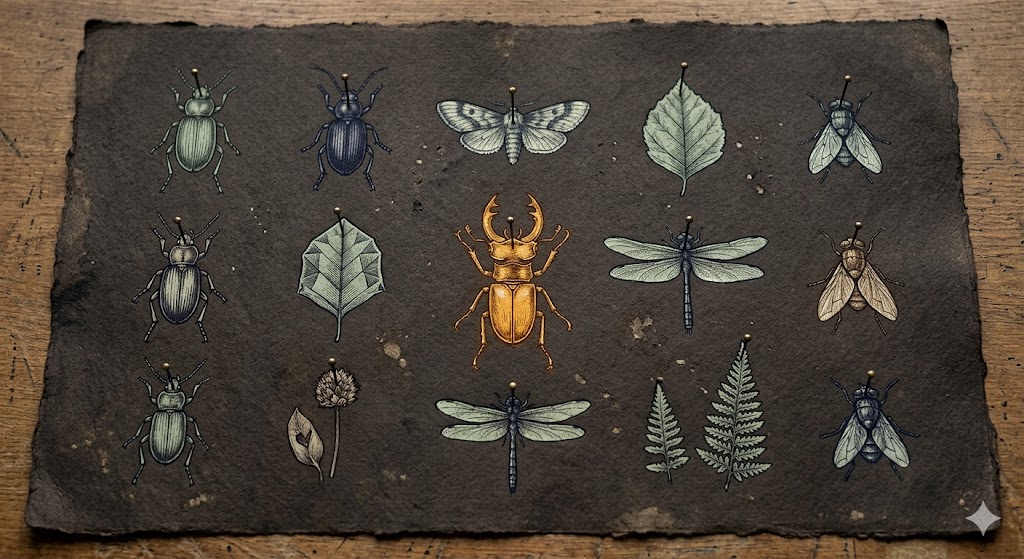 A naturalist's specimen plate on dark deckled paper: rows of finely drawn beetles, dragonflies, leaves, and ferns in muted sage and slate, with a single golden stag beetle as the standout in the middle — a catalogue of distinct species laid out for comparison.