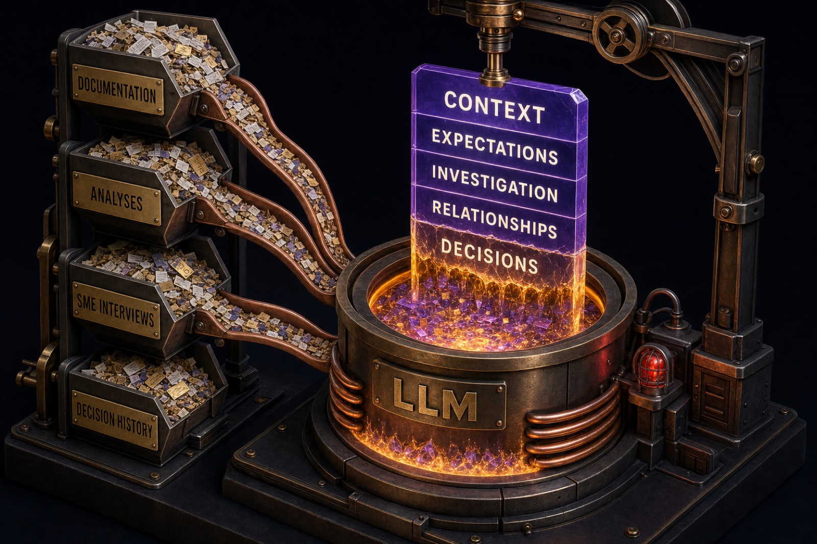 An isometric exhibit model: on the left, crucibles of raw source material — documentation, analyses, SME interviews, decision history — feed a central furnace engraved LLM; on the right, a pure crystalline card is drawn up out of the melt, its five labelled layers (Context, Expectations, Investigation, Relationships, Decisions) crystallizing as it rises.