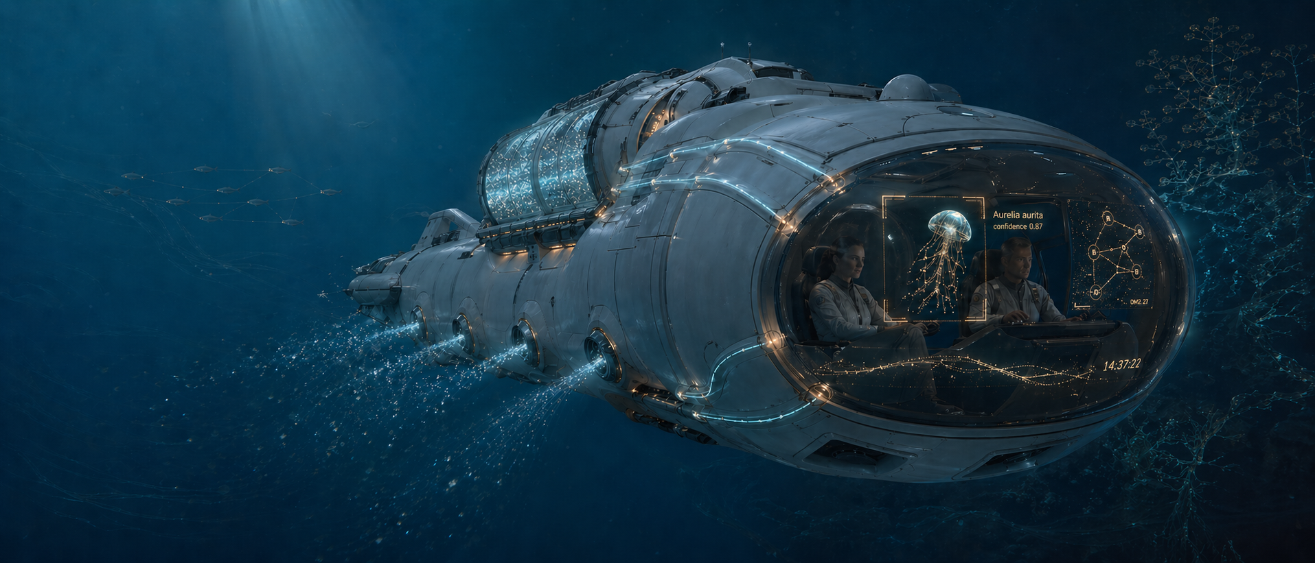 A scientific research submarine navigating the deep ocean. Inside the cockpit dome, two pilots monitor a HUD identifying a jellyfish (Aurelia aurita) alongside a constellation graph. Sports-car-style intake scoops on the underside emit cyan exhaust streams.